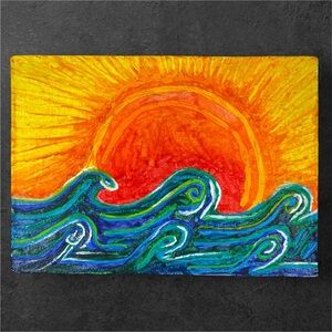 “Sunlight On Waves” Original Melted Crayon Artwork On Flat Canvas 5”x7”
